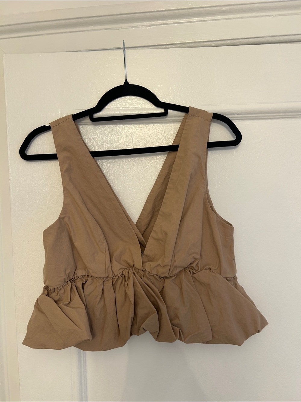 Anthropologie Tan Peplum V-Neck Crop Top